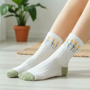 Vintage Style Cable Knit Socks, Floral Socks, Woman's Mid-calf Socks